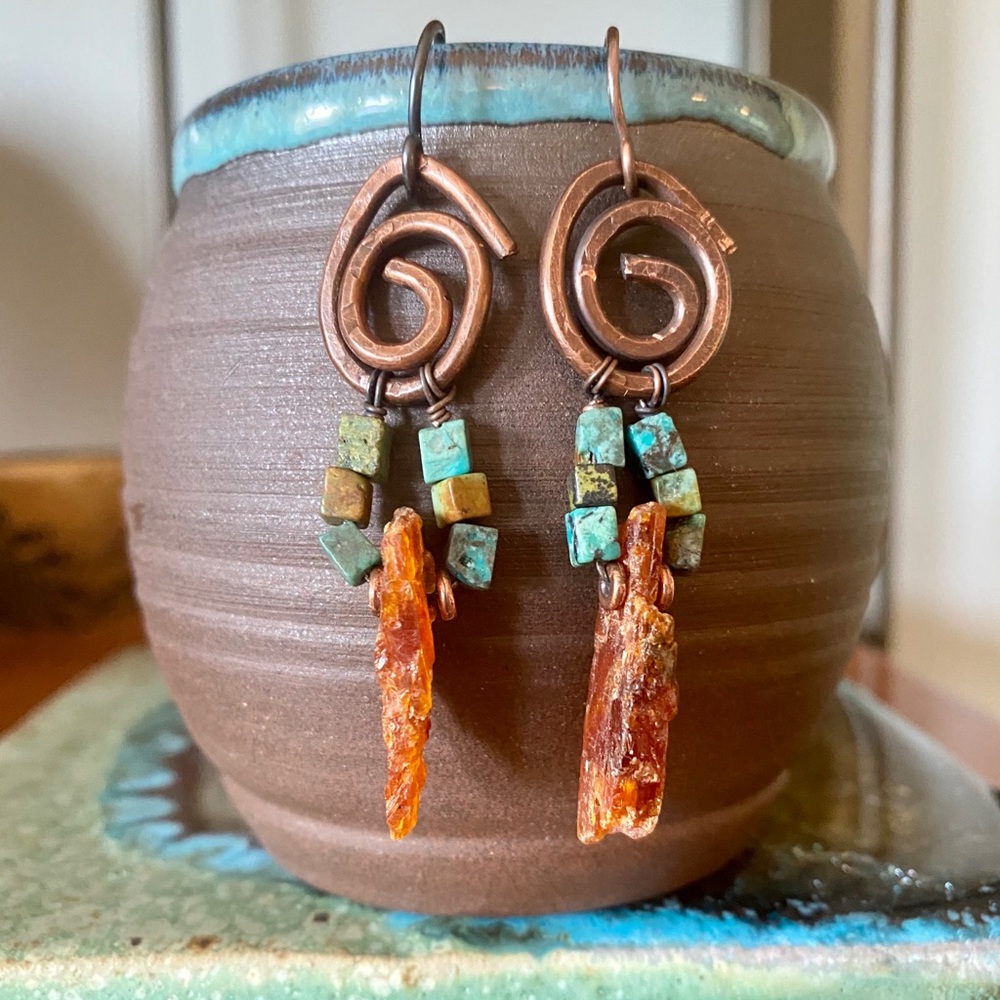 Orange Kyanite, Turquoise & Copper Earrings